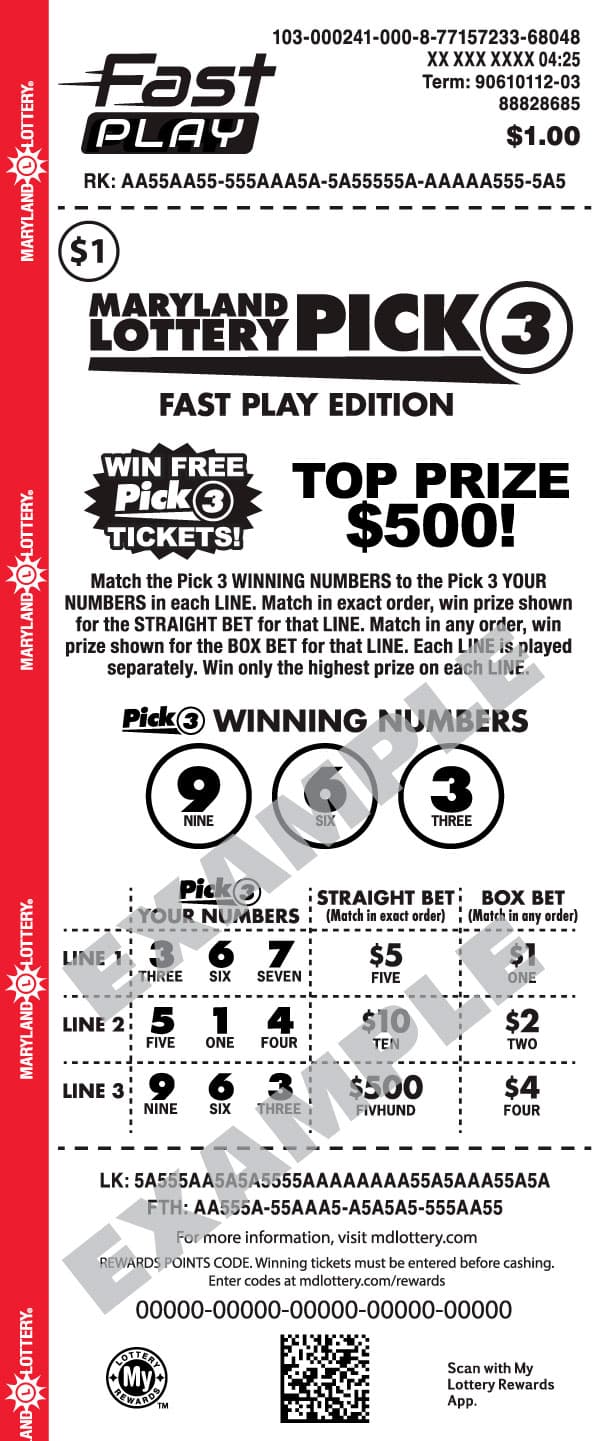 Maryland Lottery Pick 3 FAST PLAY Edition